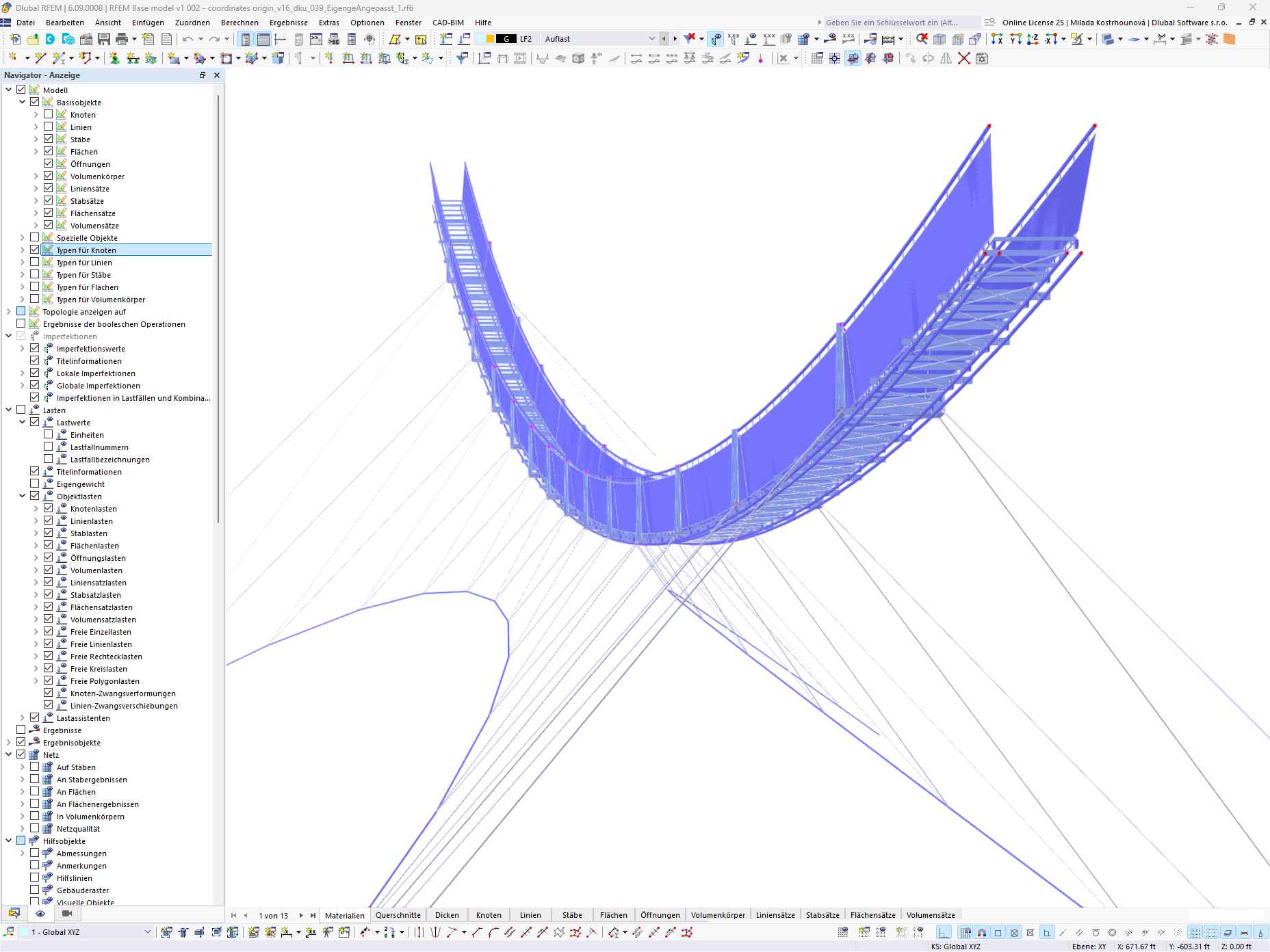 The image shows the RFEM model of the LaPendenta suspension bridge in Disentis/Mustér, Switzerland.
