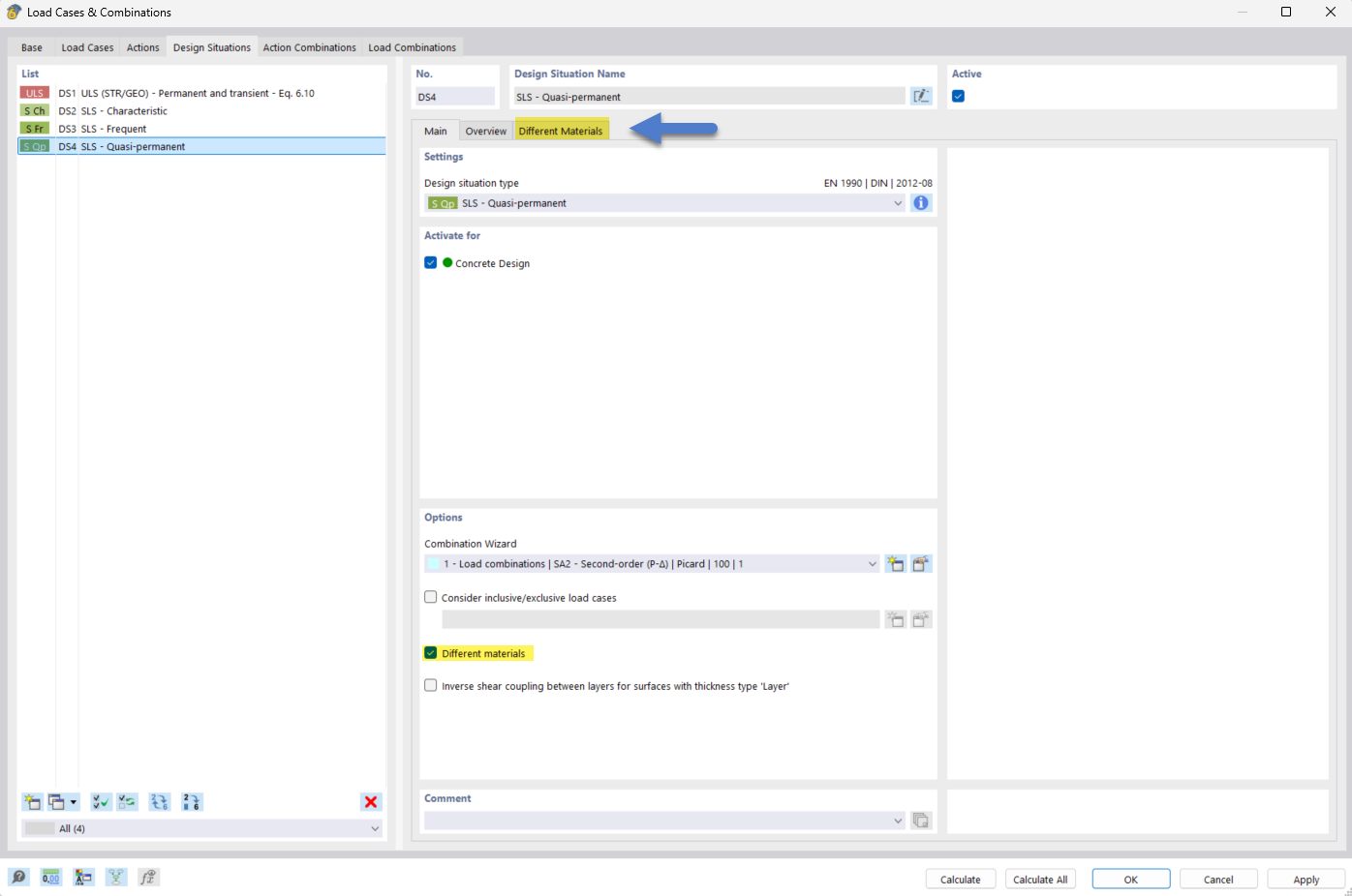 Setting for design situations in RFEM 6 with various materials activated.