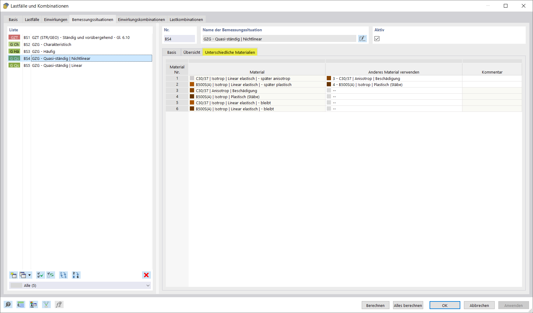 Material assignment for design situations in RFEM 6, section for different materials to define the material to be applied.