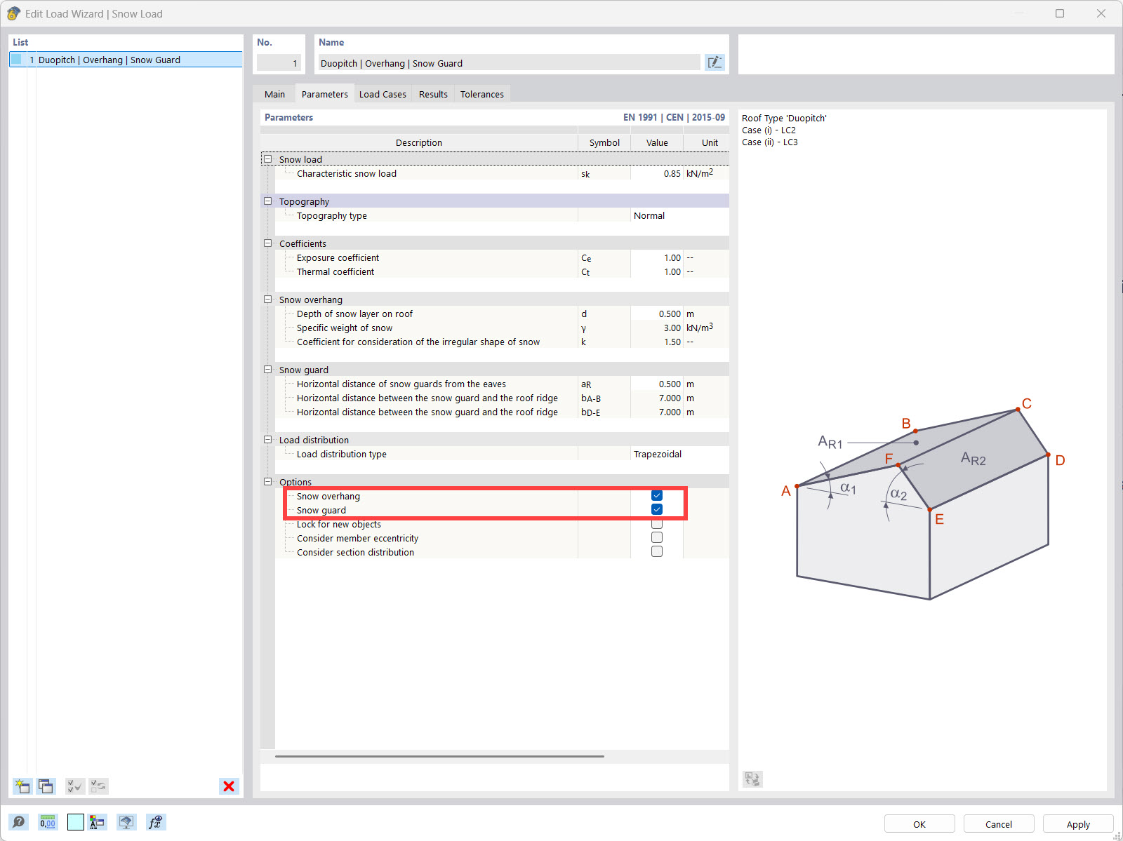 Snow Load Wizard with options for snow overhang and snow guard according to Eurocode.