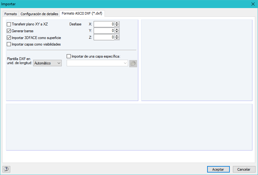 Configuración detallada para la importación de DXF