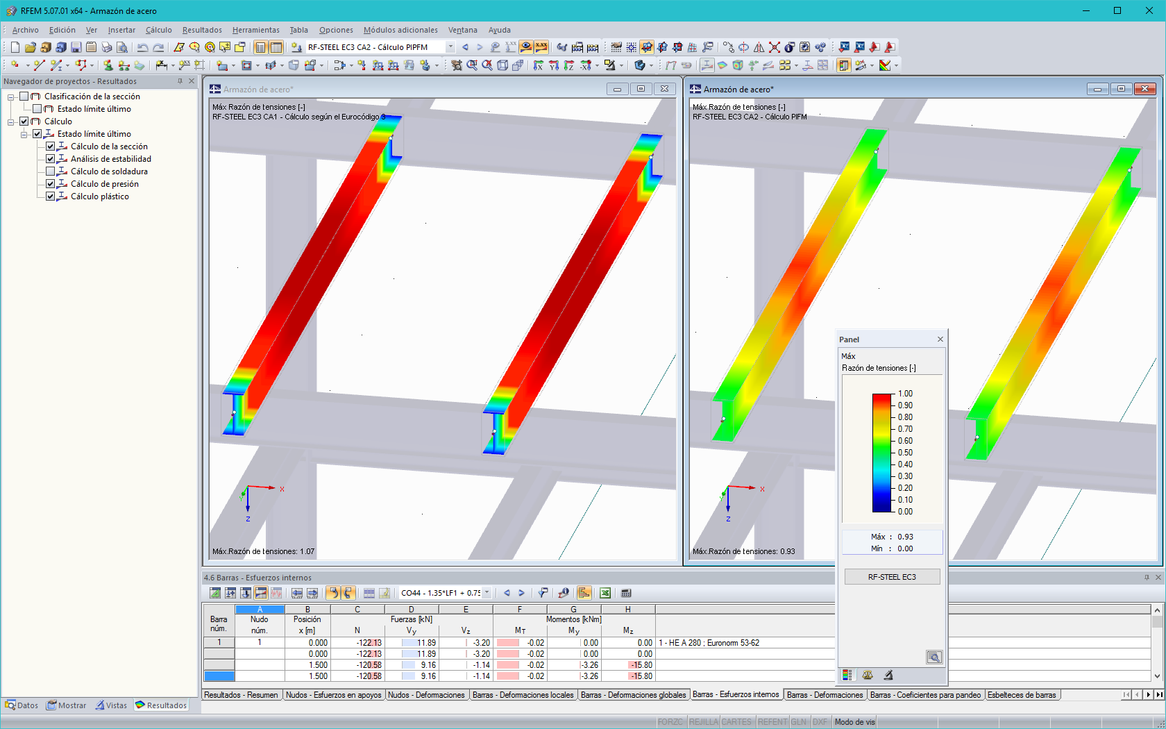 Stahlbemessung in RFEM ohne (links) und mit (rechts) RF-STAHL Plastizität