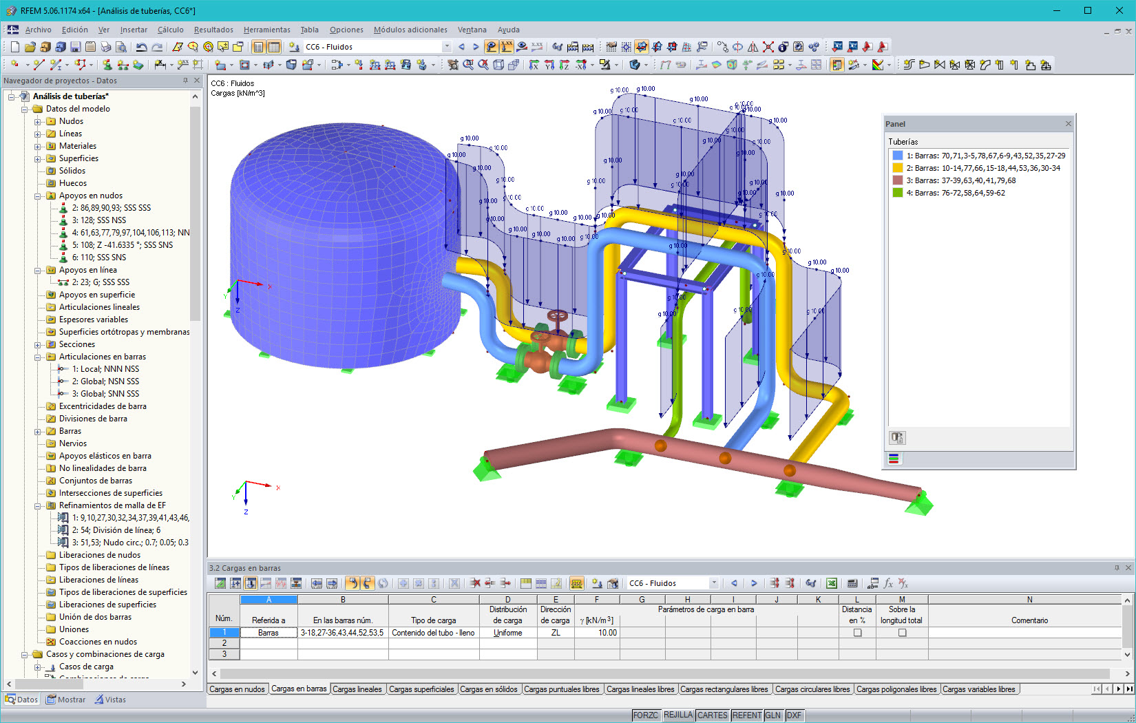 Representación gráfica de tuberías con cargas en RFEM