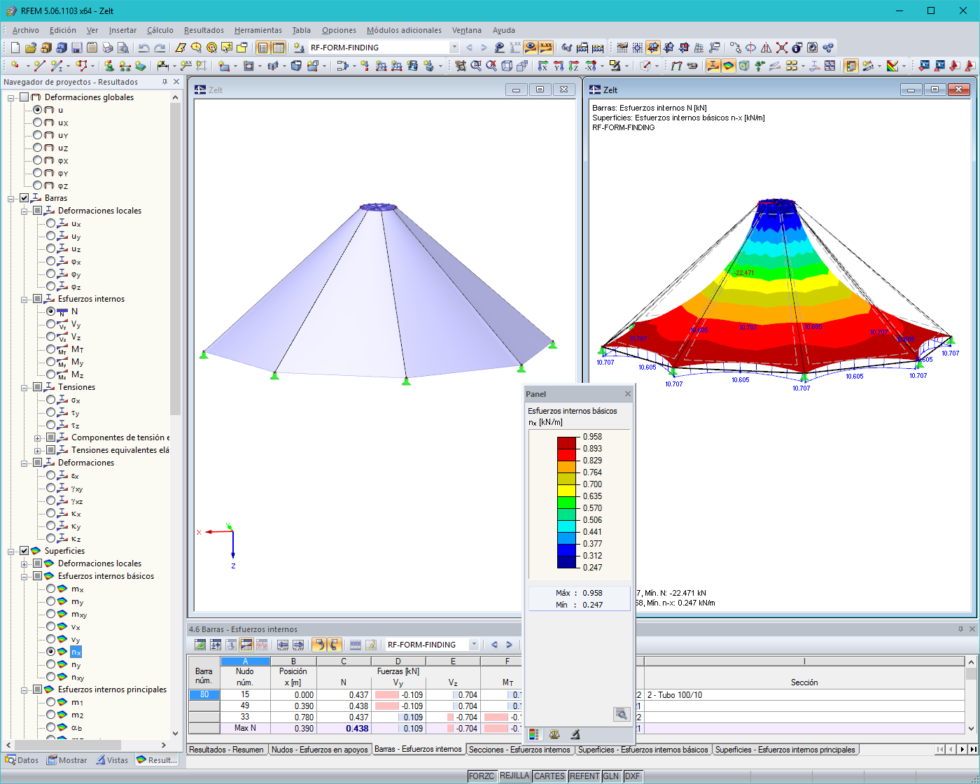 Estructura de carpa antes y después de la búsqueda de forma en RFEM