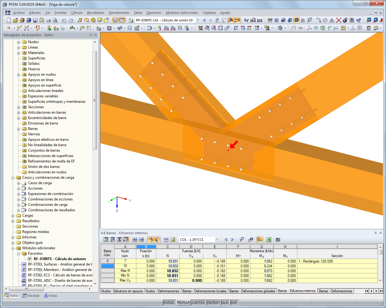 Unión visualizada de RF-JOINTS Timber - Steel to Timber en RFEM