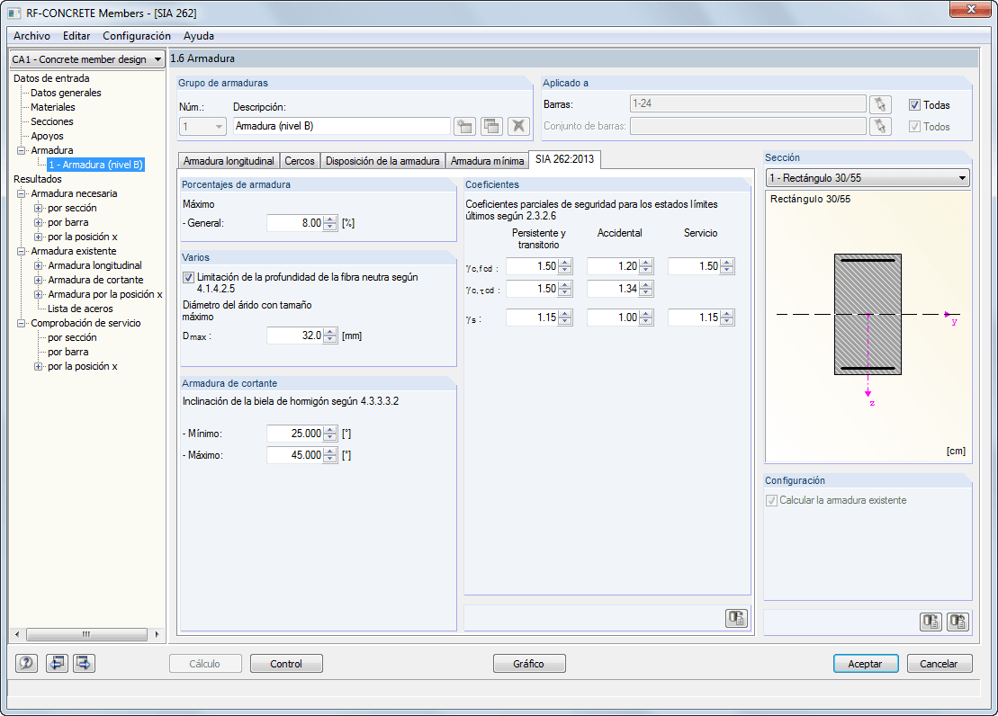 Maske 1.6 Bewehrung - Register SIA 262 (RF-BETON Stäbe)