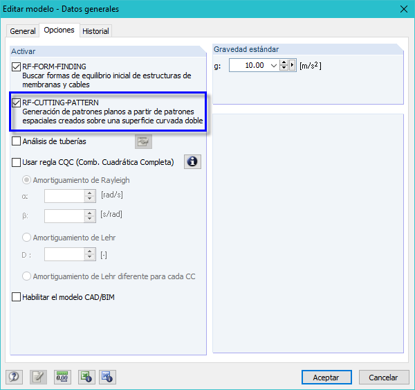 Activación de RF-CUTTING-PATTERN en los datos generales de RFEM