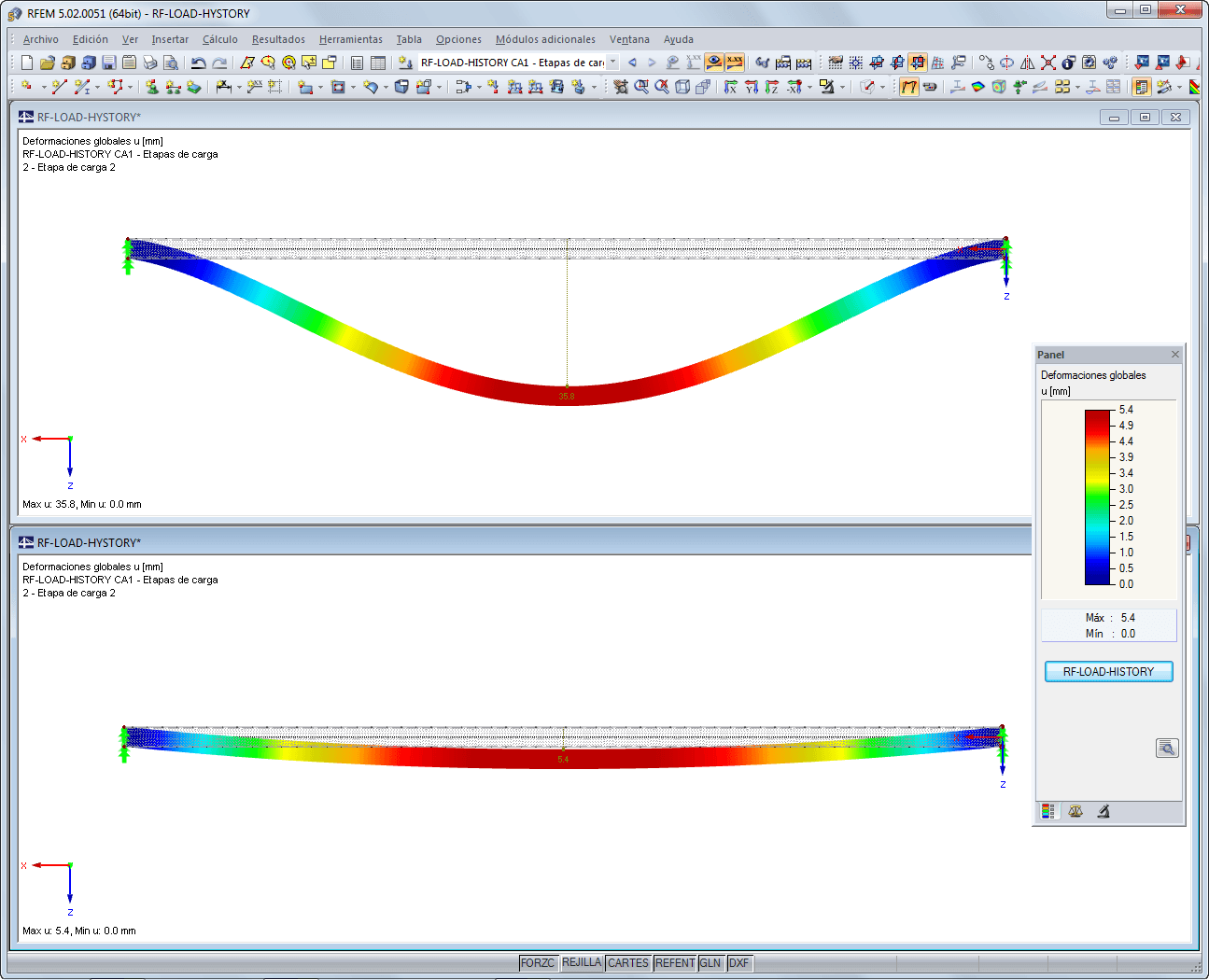 Darstellung der Verformung unter Volllast sowie plastische Verformung nach Entlastung in RFEM