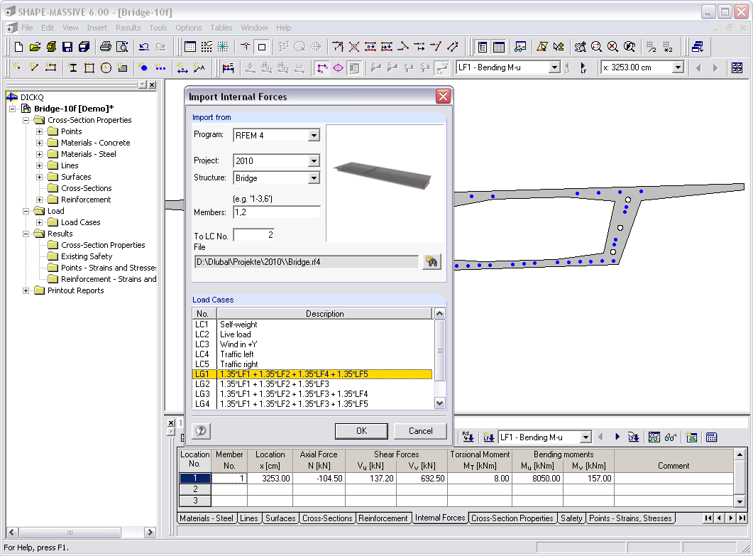 Programa de propiedades de sección transversal SHAPE-MASSIVE - Importación de esfuerzos internos desde RFEM o RSTAB