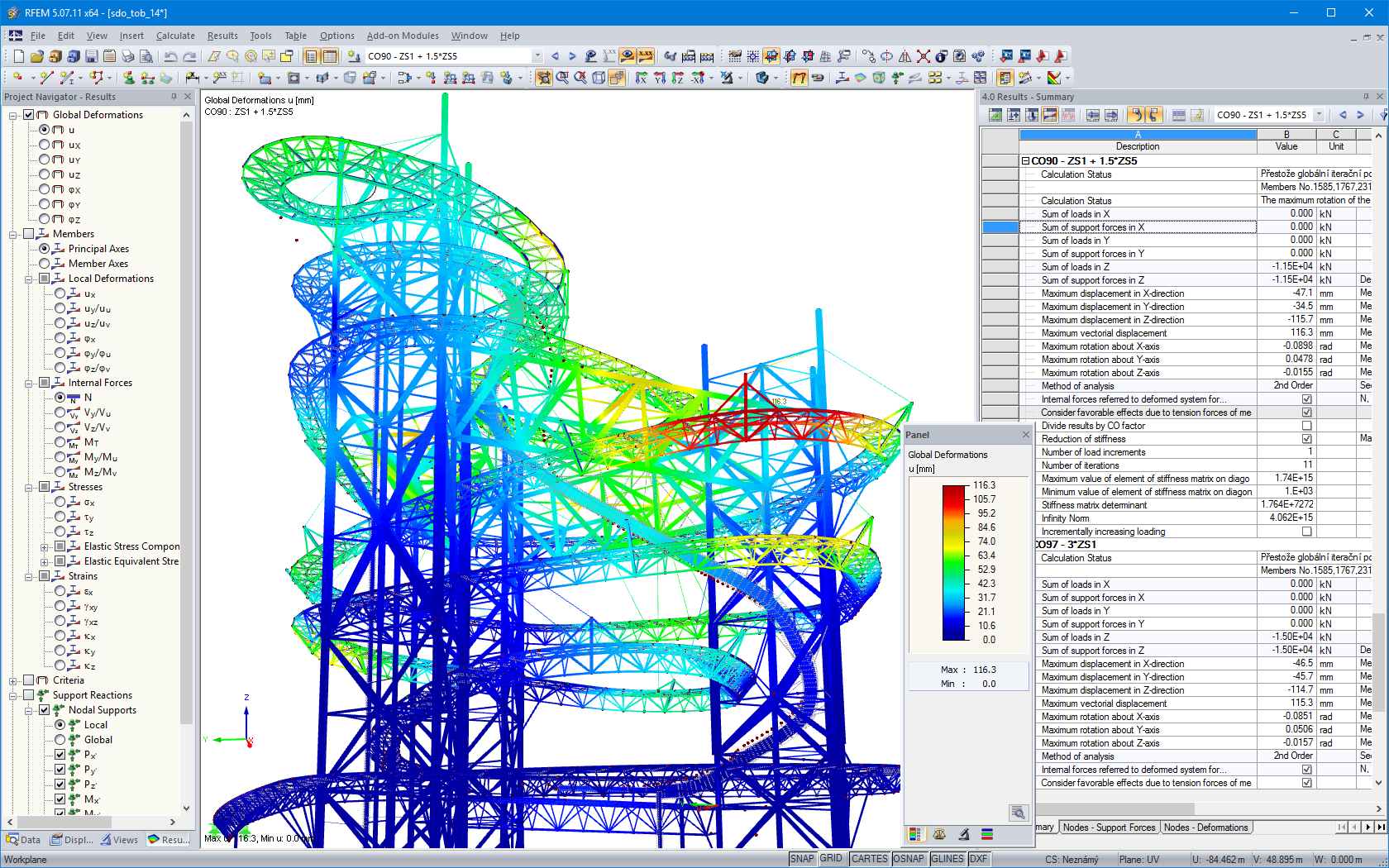 Deformaciones de toda la estructura en el modelo RFEM