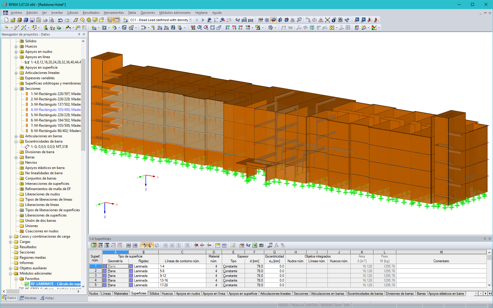 Modelo 3D de la construcción del hotel en RFEM