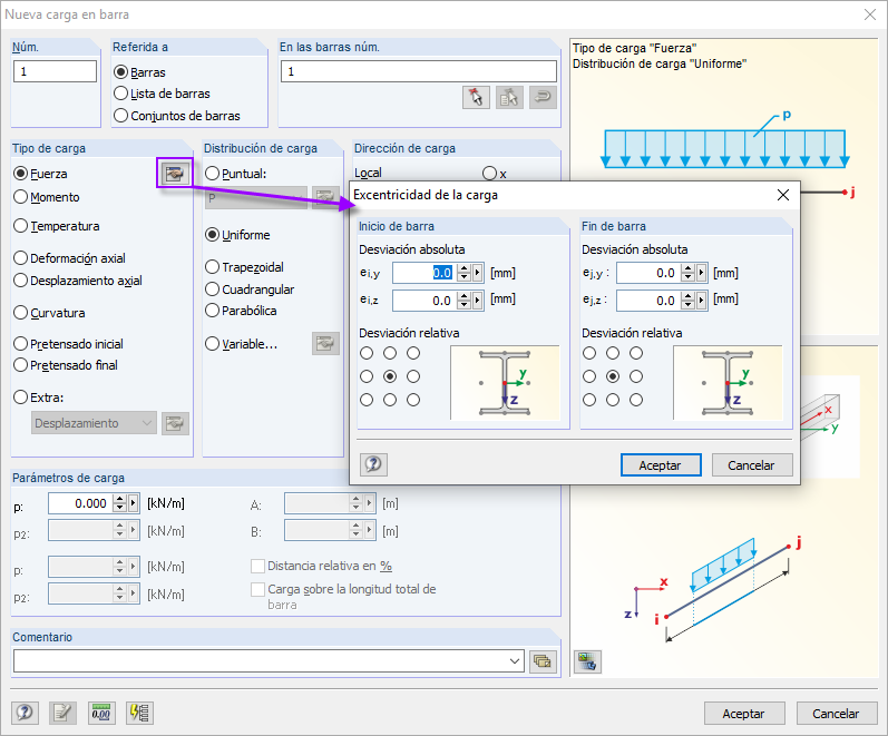 Definition einer Lastausmitte für eine konstante Stablast in RFEM