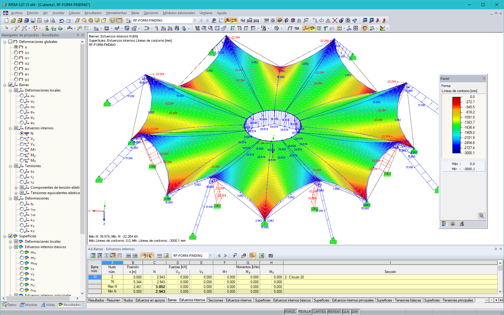 Seilzugkräfte und Konturlinien nach Formfindung in RFEM