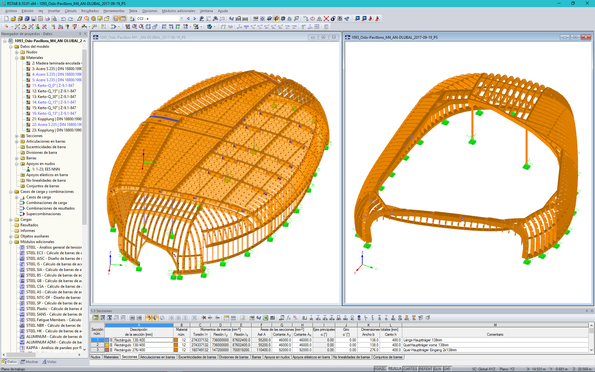 Modelos 3D de dos pabellones en RSTAB (© Blumer-Lehmann AG)