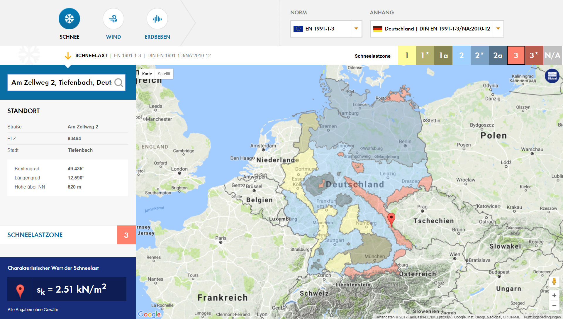 Schneelastzonenkarte auf der Dlubal-Webseite