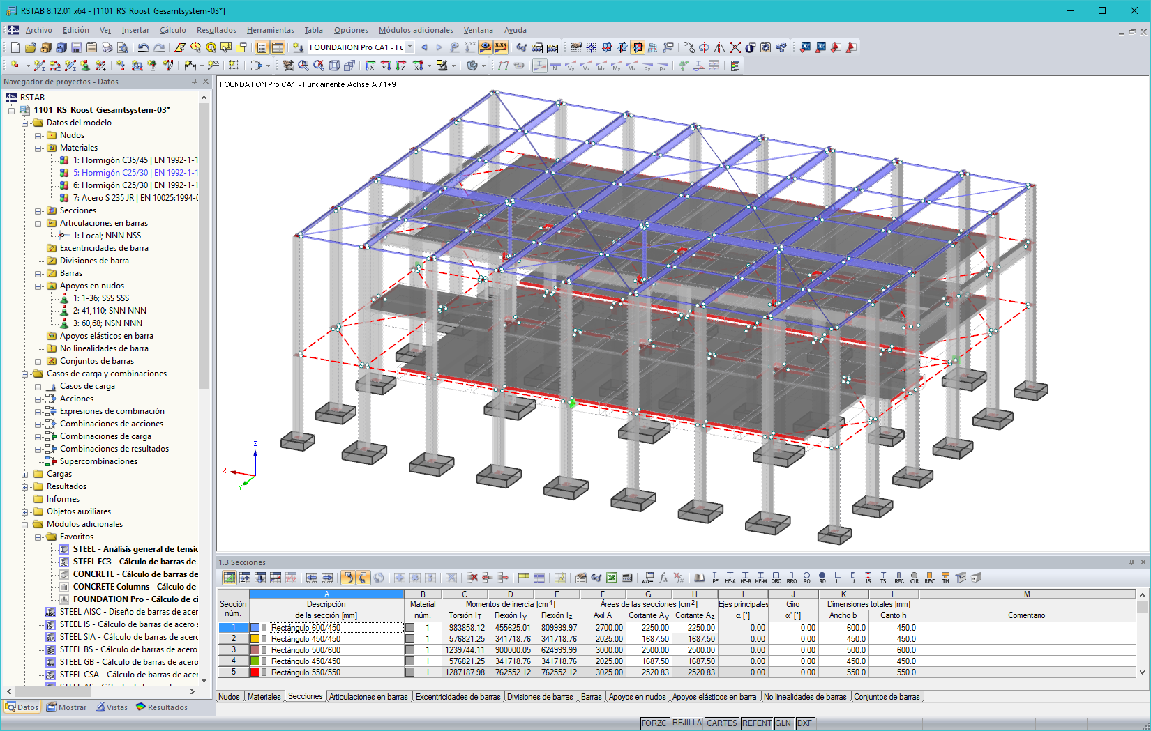 Modelo en 3D de un concesionario de automóviles con cimentaciones diseñadas en RSTAB (© SCHATZ Engineering)