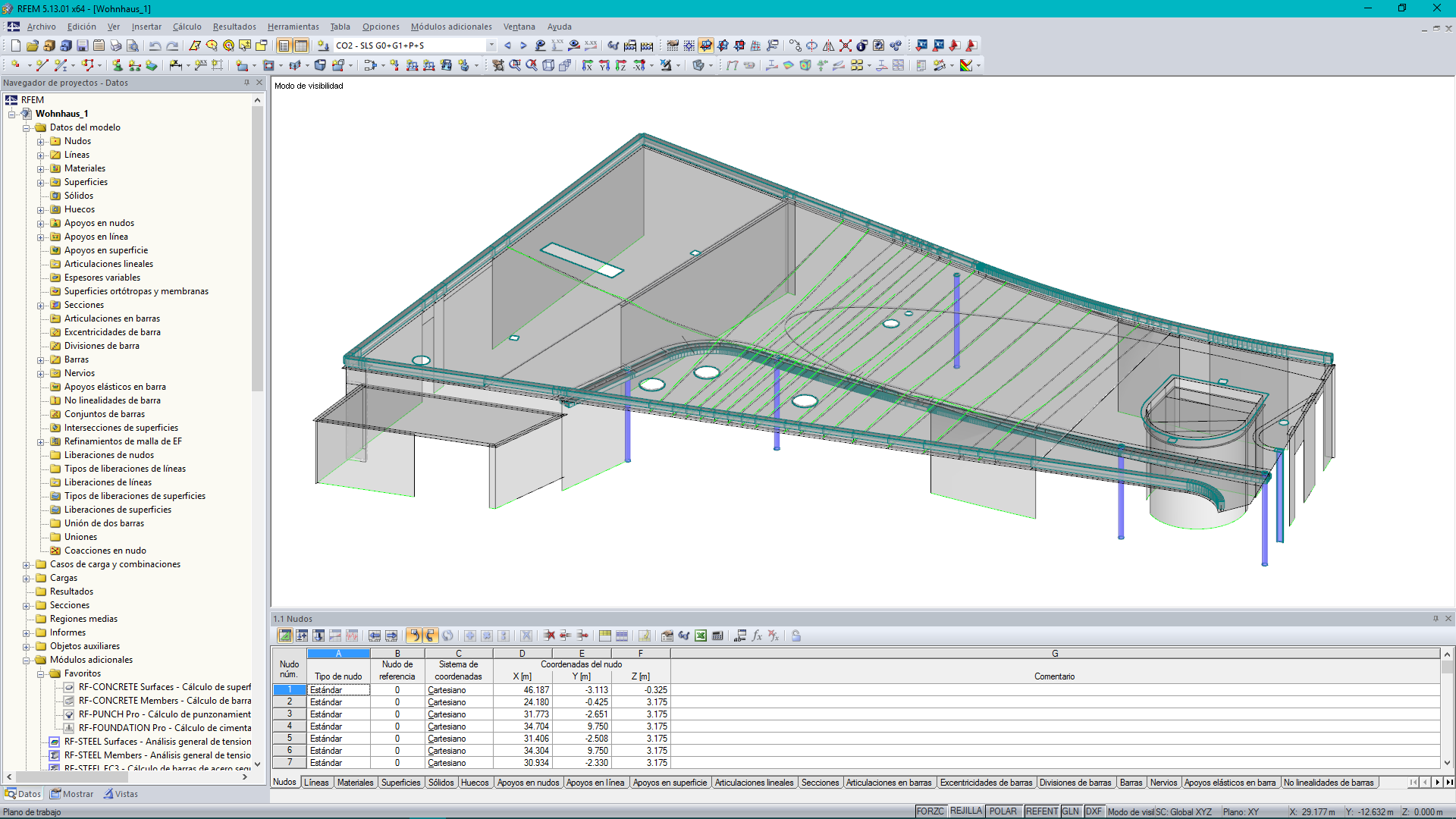 Bild 01 - RFEM-Modell mit vorgespannter Decke eines Wohnhauses