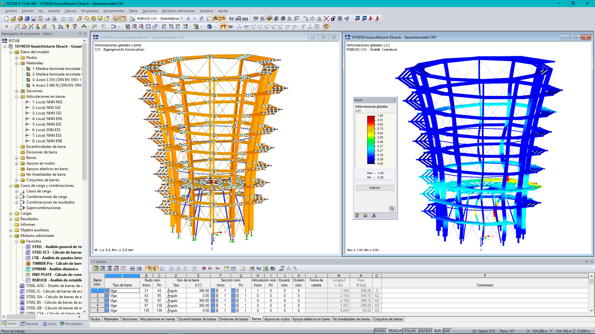 Modelo 3D y forma de pandeo de la torre de vigilancia en RSTAB (© WIEHAG GmbH)