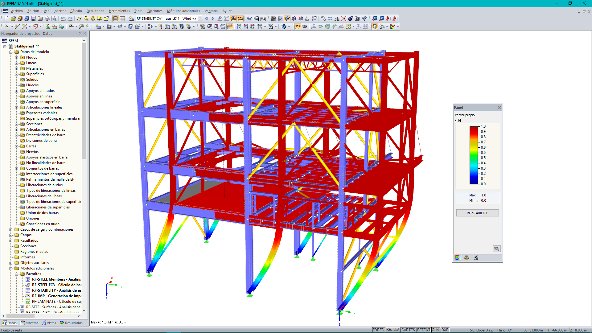 Grafische Darstellung der Knickeigenform eines Stahlgerüstes in RFEM