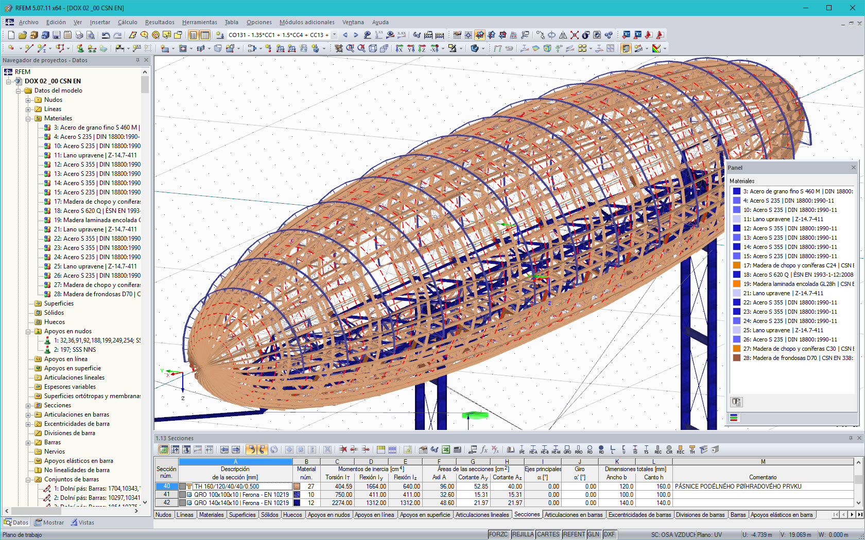 Modelo de RFEM de aeronave hecha de madera y acero (© Ing. Šrůtek)