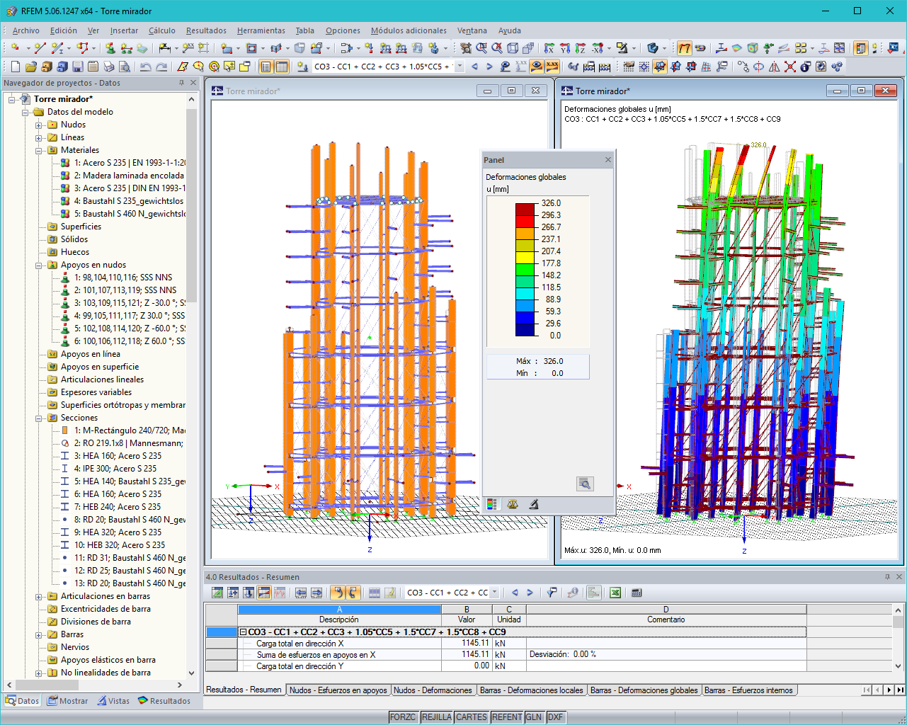 Modelo de RFEM de la torre mirador en el parque natural de Panarbora con elementos de madera y acero diseñados (© www.harrer-ing.net)