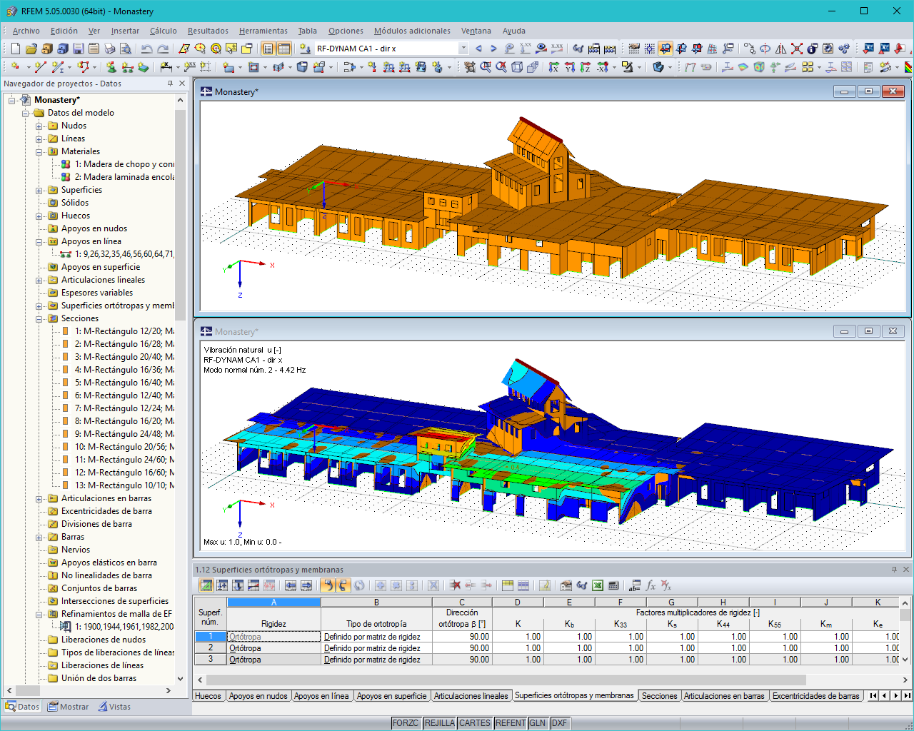 Modelo 3D (superior) y forma del modo calculada en RF-DYNAM (inferior) de la estructura de soporte de madera en RFEM (© Dr. Ing. Berger, Dr. Ing. Gadner Merano)