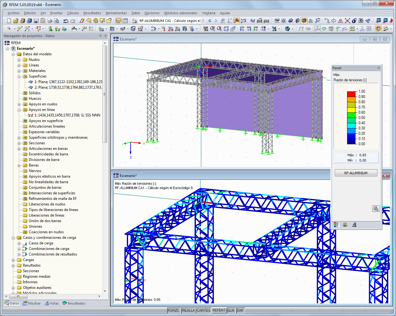 Modell einer Konzertbühne und grafische Darstellung der Bemessungsergebnisse von RF-ALUMINIUM in RFEM