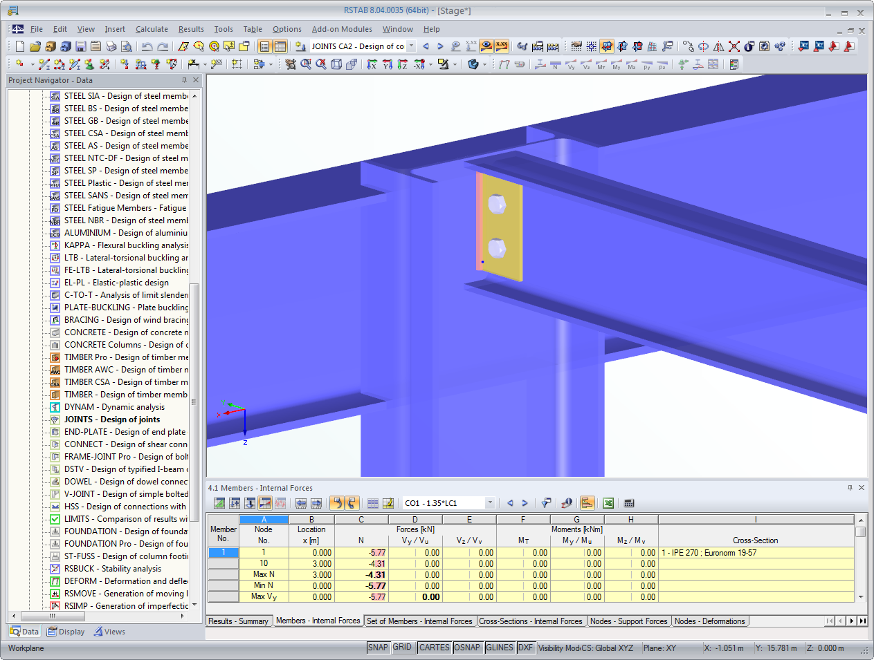 3D-Rendering eines in JOINTS Stahl - Gelenkig bemessenen Winkel-Anschlusses in RSTAB