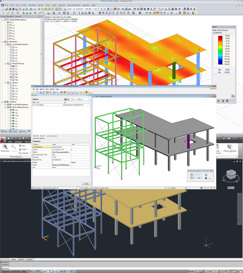 Interfaz ISM con modelo en RFEM (superior), visor ISM (medio) y ProStructure (inferior)