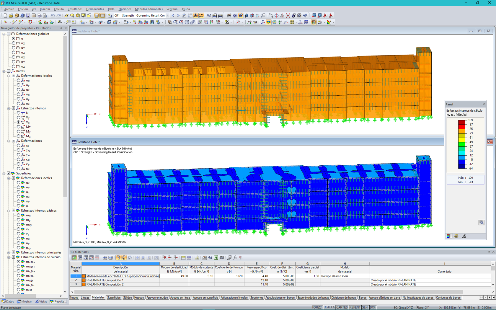 3D model (top) and display of internal forces (bottom) of wooden supporting structure in RFEM (© Nordic Structures & Schaefer)