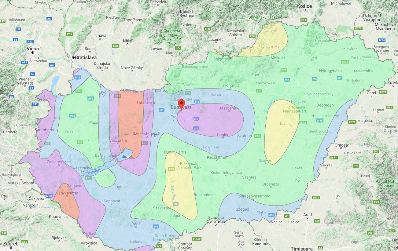 Mapa de zonas sísmicas Hungría