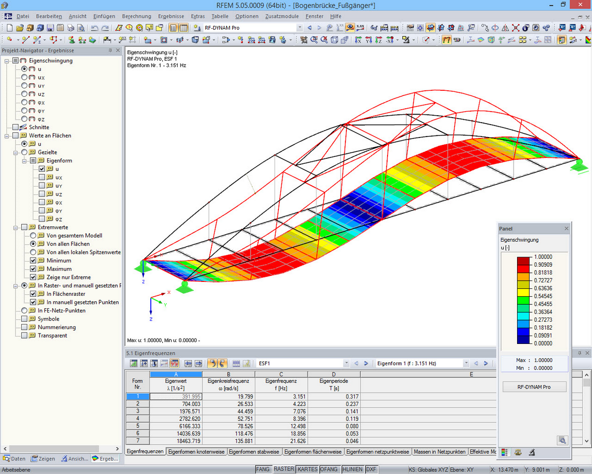 Grafische Darstellung der Eigenform der Fußgängerbrücke in RFEM