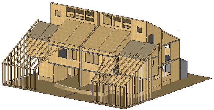 Ingeniería estructural para una casa adosada en construcción de madera maciza