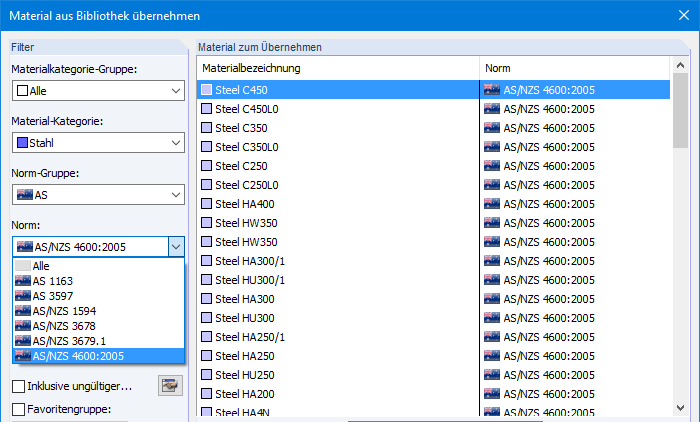 Stähle nach der australischen Norm AS/NZS 4600:2005 in der Materialdatenbank