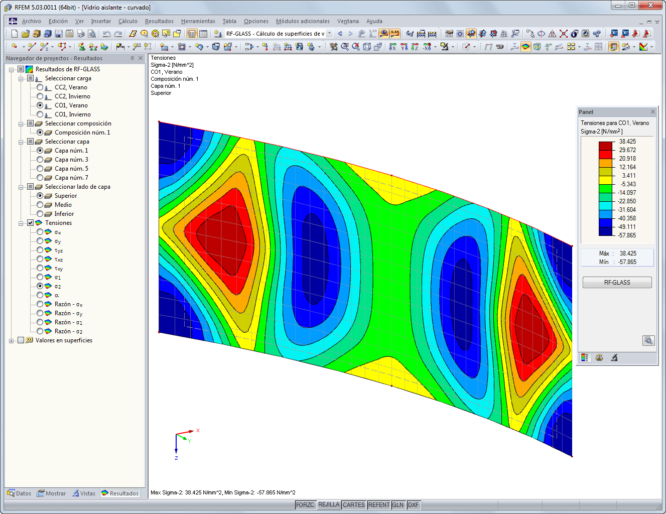 Resultados en el gráfico de RFEM - Tensiones