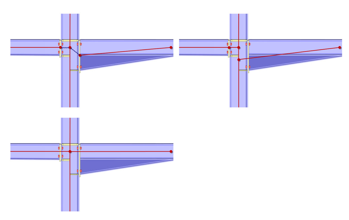 Diferentes variantes de la derivación de un modelo de análisis para una conexión de acero atornillada (líneas rojas y nudos) para el cálculo en un programa marco
