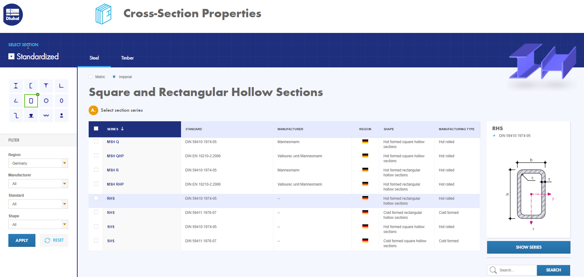 Servicio en línea de Dlubal con bibliotecas completas de secciones y determinación de valores de secciones para el análisis y diseño de estructuras