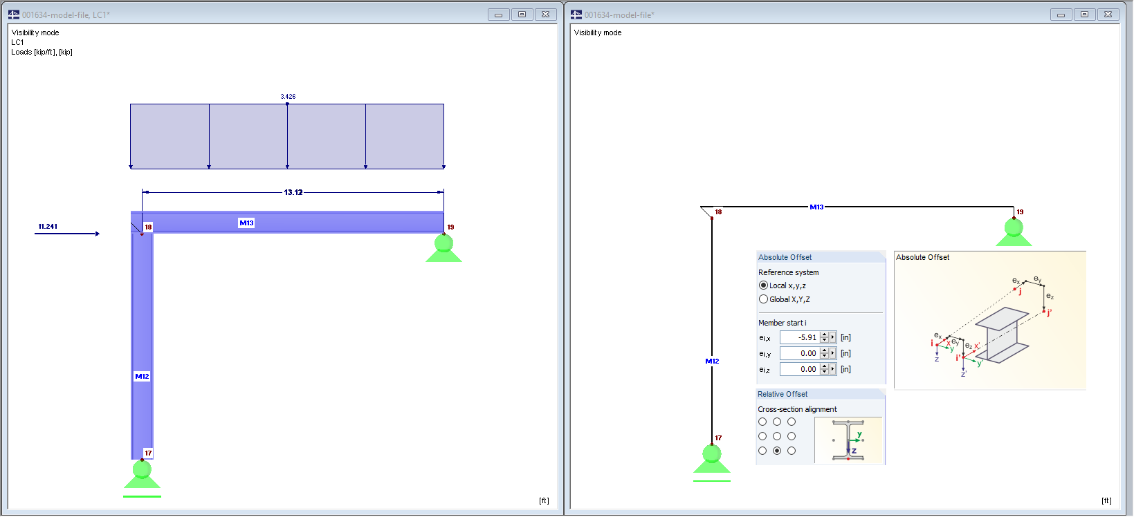 Modelo 3 con excentricidad de miembros, desplazamiento axial y desplazamiento transversal