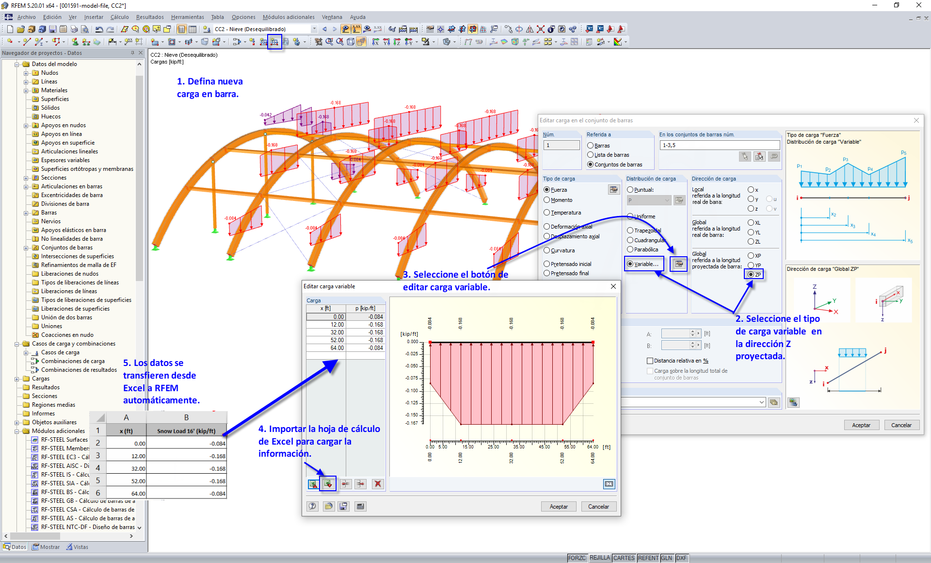 Datos de Excel importados a RFEM para carga variable de miembros