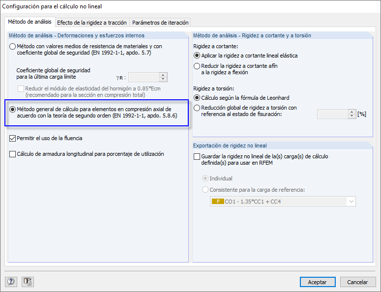 Configuración para análisis no lineal