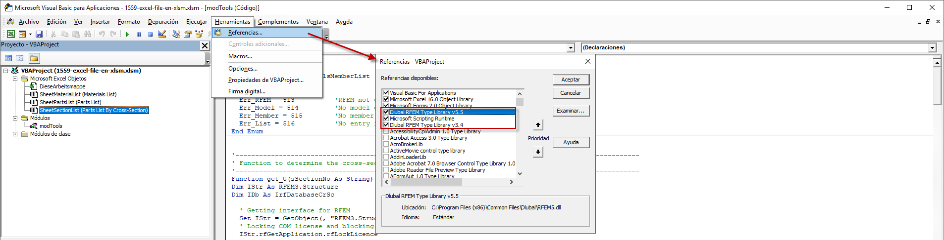 Integre las bibliotecas de tipos de Dlubal RFEM y Microsoft Scripting Runtime