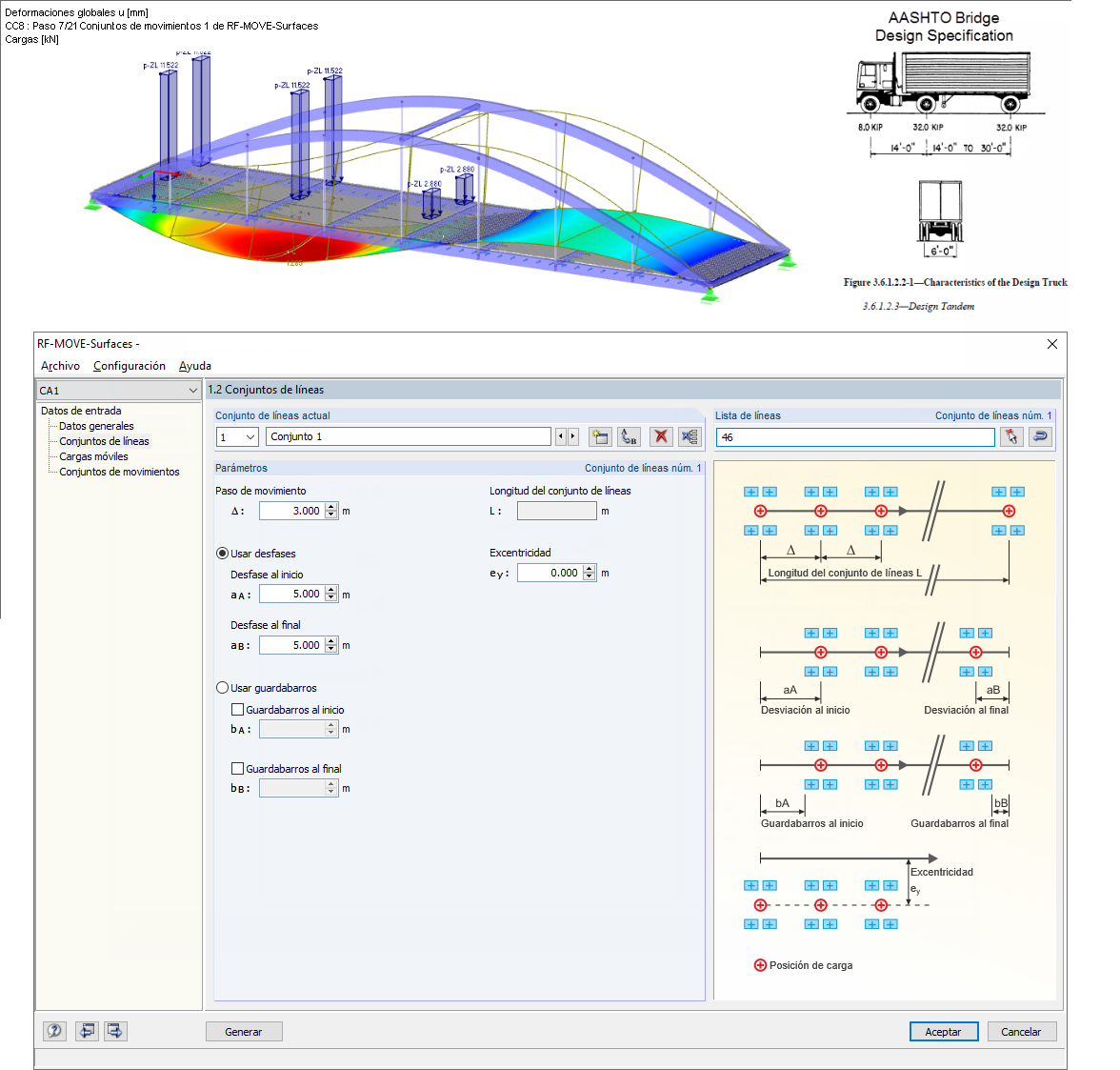 Casos de cargas móviles generados desde RF-MOVE Surfaces en el modelo RFEM