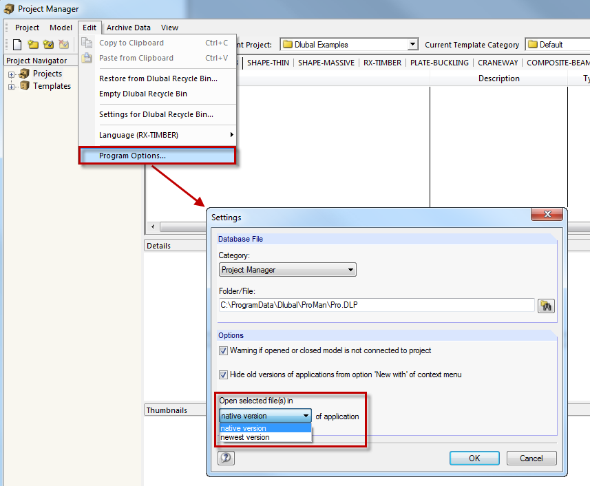 Festlegung des Standardprogramms im Projektmanager