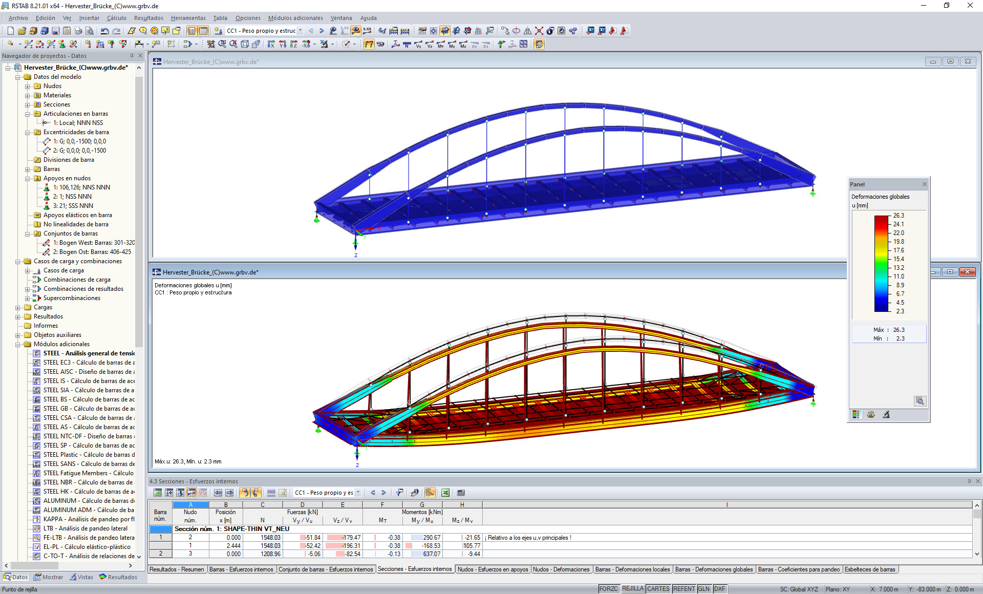 Modelo en 3D (arriba) y deformaciones (abajo) del puente Hervester núm. 423 en RSTAB (© grbv)