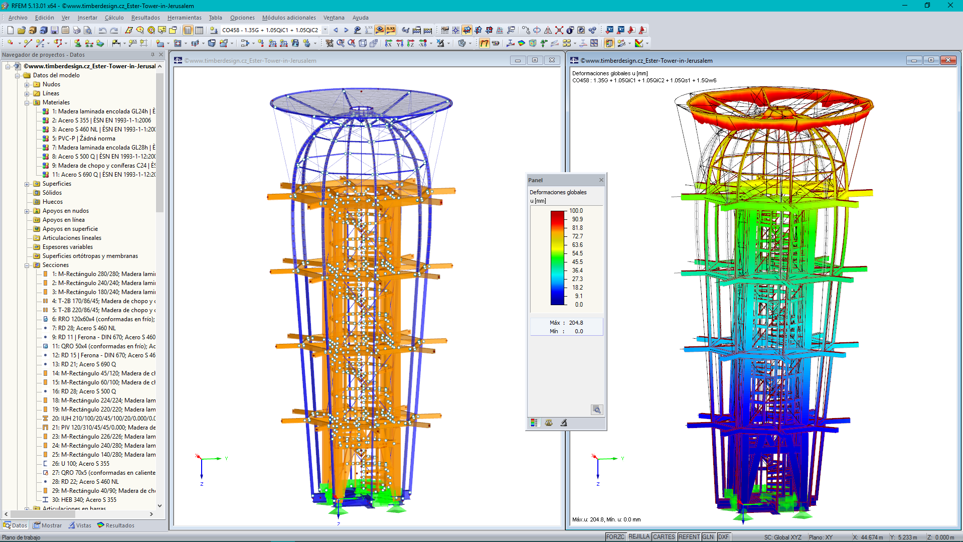 Modelo de estructura de torre de éster en el programa RFEM