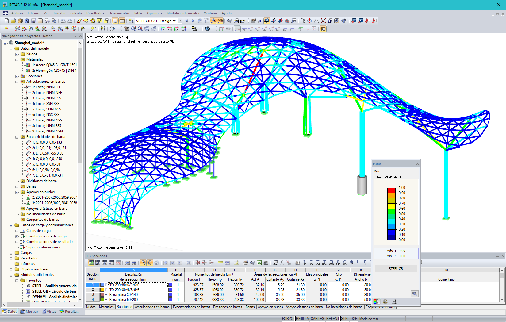 Modelo 3D de estructura de acero con resultados de cálculo estructural según GB 50017-2003 en RSTAB (© Novum Structures LLC)
