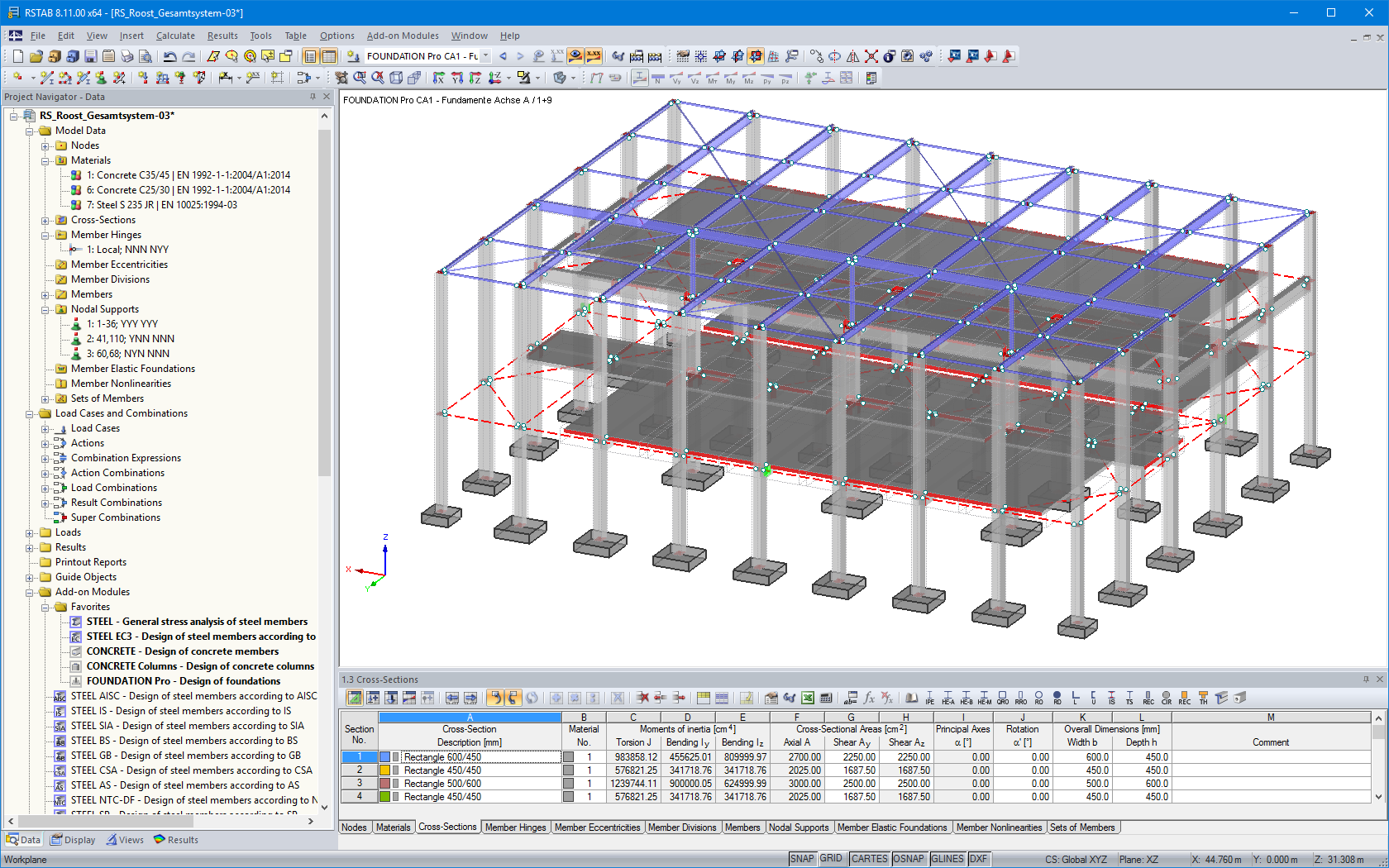 3D-Modell eines Autohauses mit bemessenen Fundamenten in RSTAB (© SCHATZ Engineering)