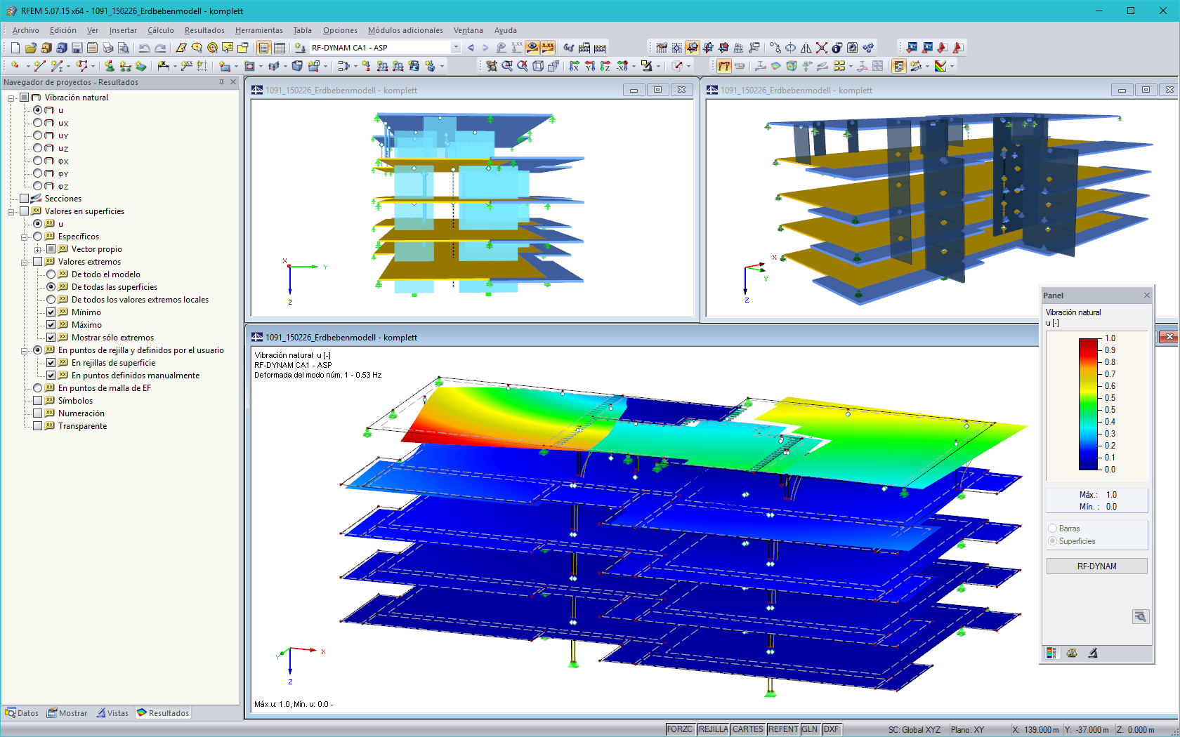 Modelo de RFEM de la casa pasiva de madera de cinco pisos con la forma del primer modo (© Pirmin Jung Ingenieure)