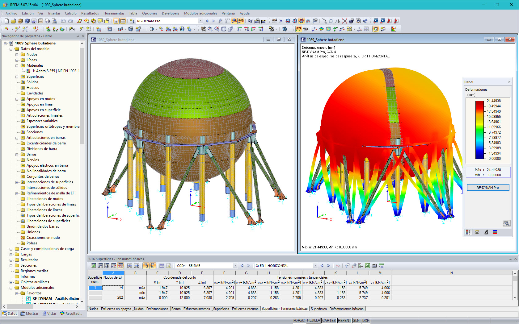 Analytisches 3D-Modell in RFEM (links) und in RF-DYNAM Pro berechnete Eigenform (rechts)