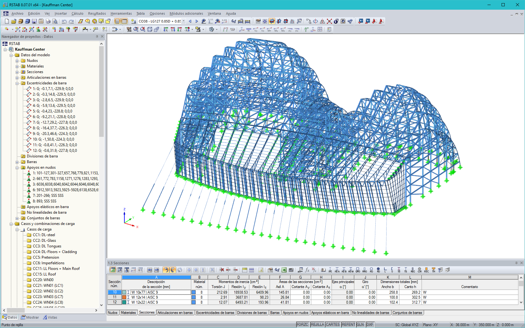 Modelo en 3D de la estructura de soporte de acero del atrio en RSTAB (© www.novumstructures.com)